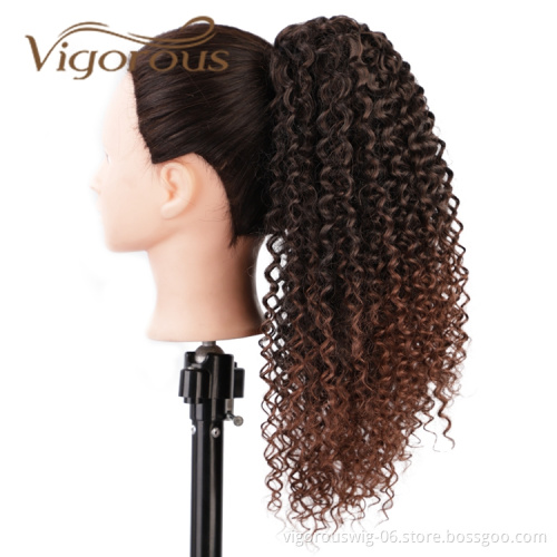 Vigorous High Quality Vendors Long Ombre Brown Kinky Curly Puff Wrap With Clips Drawstring Synthetic Ponytail Hair Extension